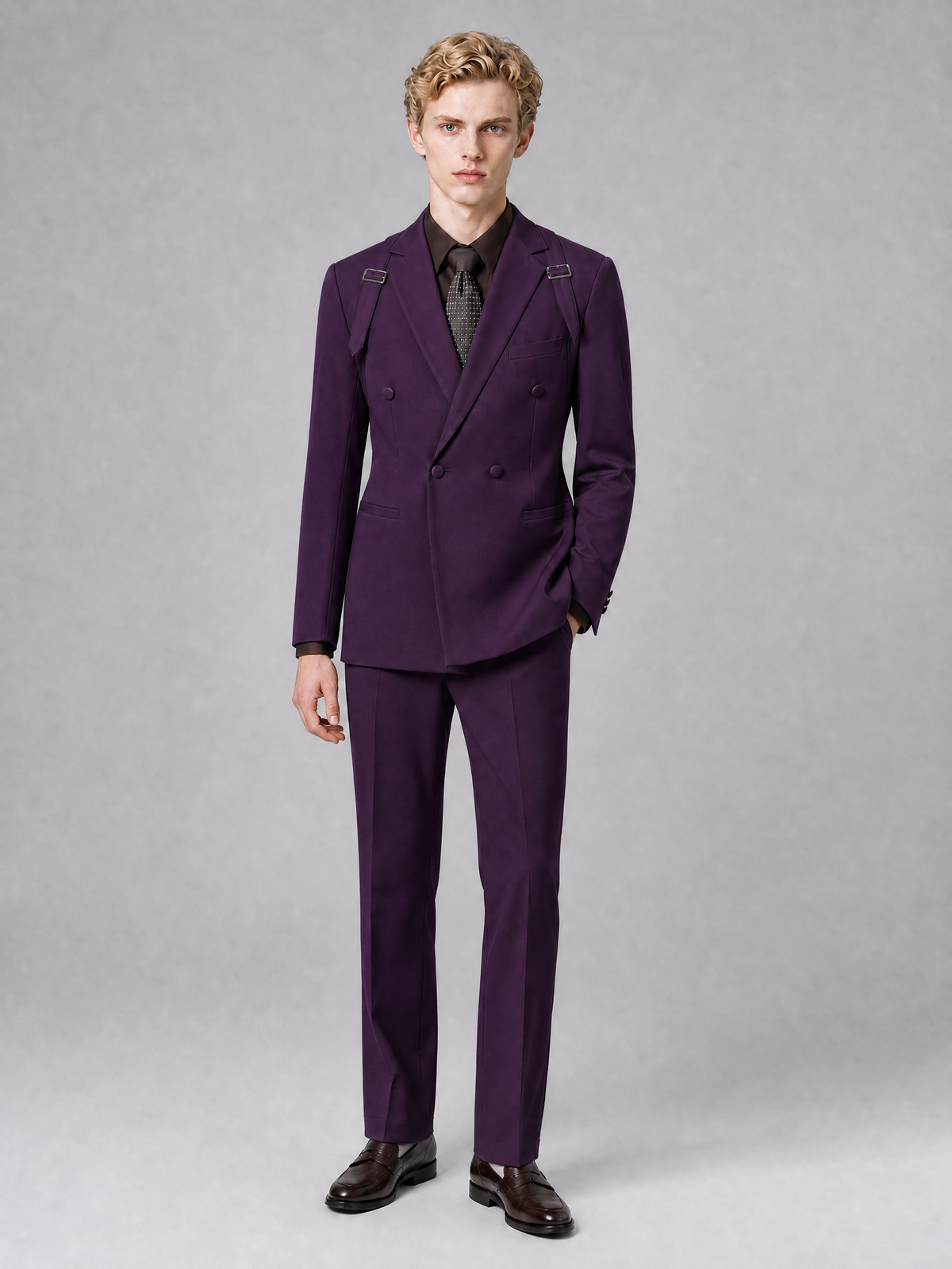 Men's Light Dark Purple Double-Breasted Slim Fit 2-Piece Suit – Peak Lapel Wedding & Business Formal Set - Dark Purple - Dark_Purple_2