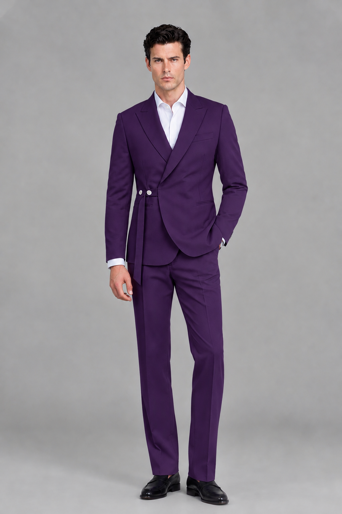 Savile Men's Modern Dark Purple 2-Piece Wrap Suit Set – Peak Lapel Side-Button Blazer & Tailored Trousers - Dark Purple - Dark_Purple_2