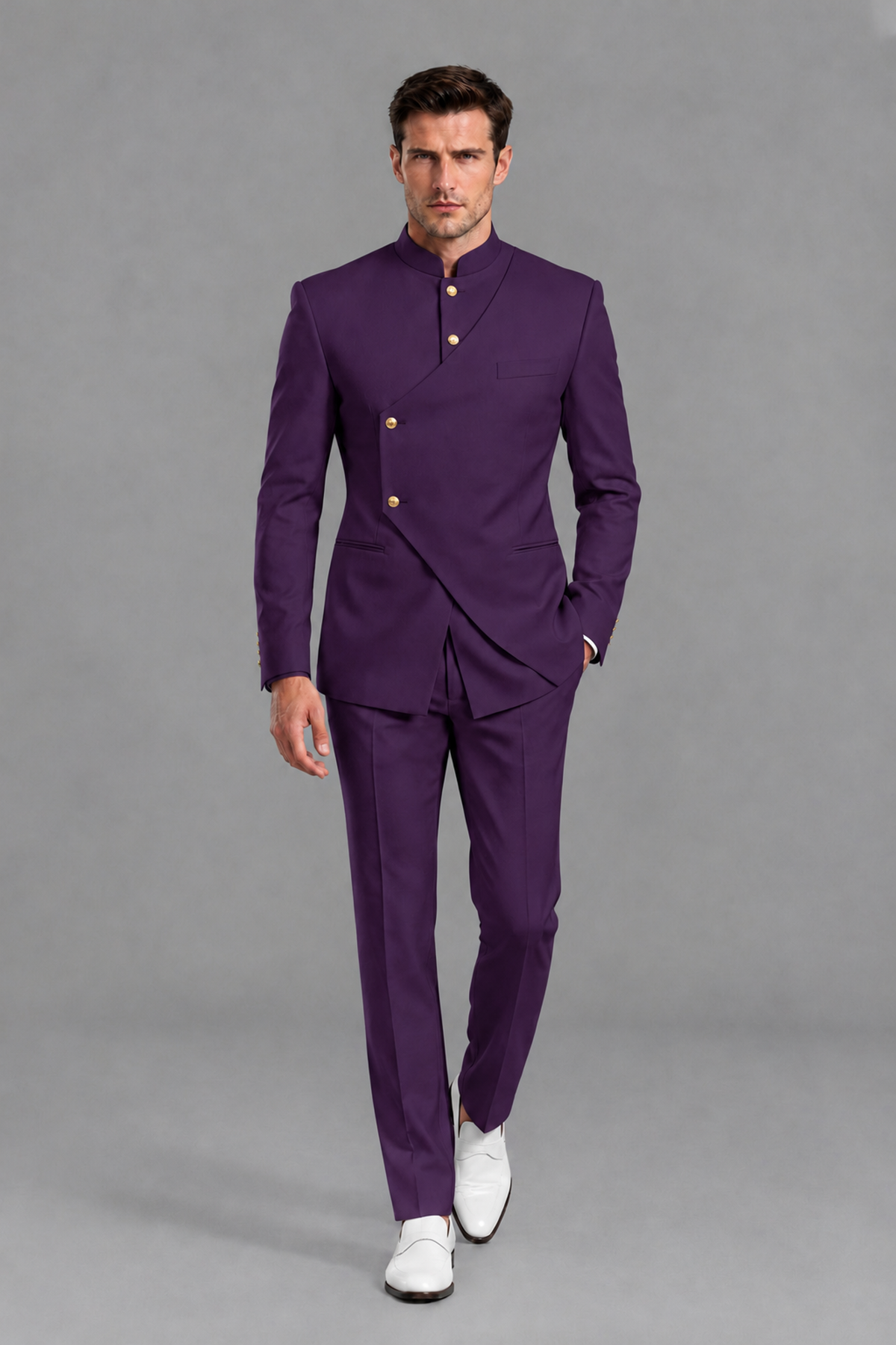 Savile Men's Dark Purple Asymmetrical Mandarin Collar Tuxedo Suit – Modern 2-Piece Gold Button Wedding, Prom & Gala Set - Dark Purple - Dark Purple_2