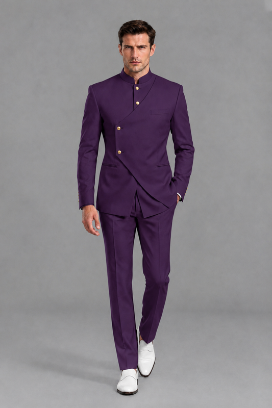 Savile Men's Dark Purple Asymmetrical Mandarin Collar Tuxedo Suit – Modern 2-Piece Gold Button Wedding, Prom & Gala Set - Dark Purple - Dark Purple_2