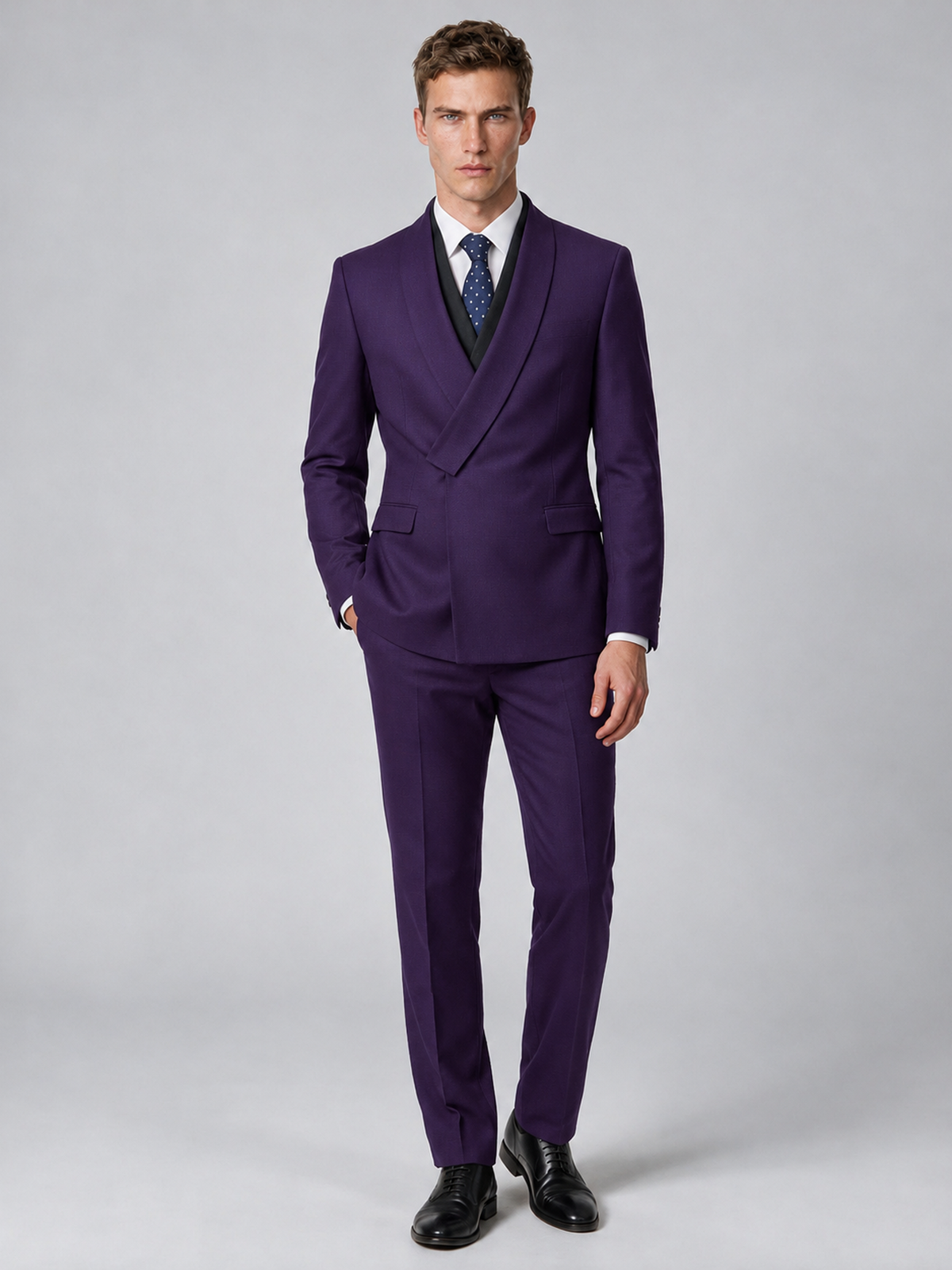 Savile Men's Dark Purple Wrap Shawl Lapel 2-Piece Suit Set – Modern Jacket & Trousers - Dark Purple - Dark Purple_2