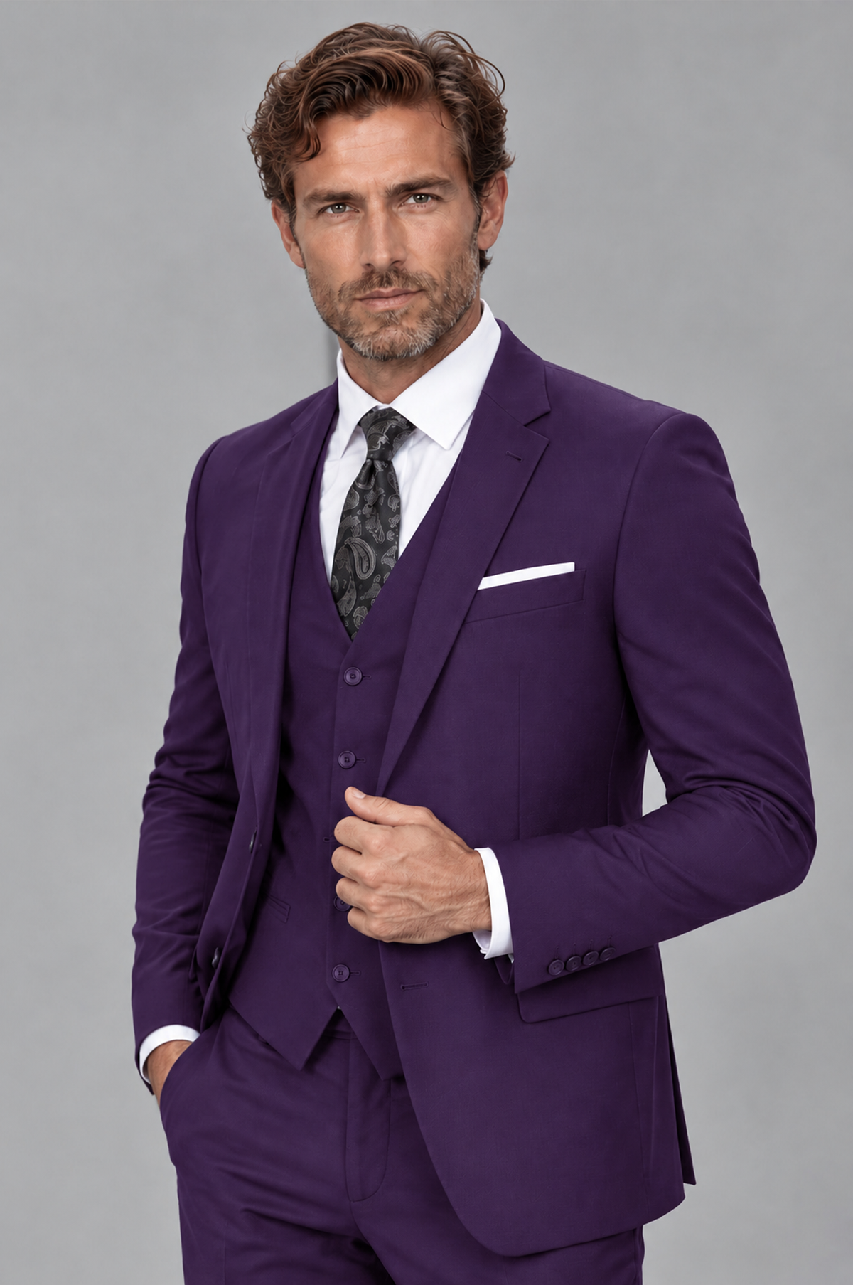Savile Men's Dark Purple 3-Piece Suit Set – Notch Lapel Blazer, Vest & Trousers - Dark Purple - Dark_Purple_3