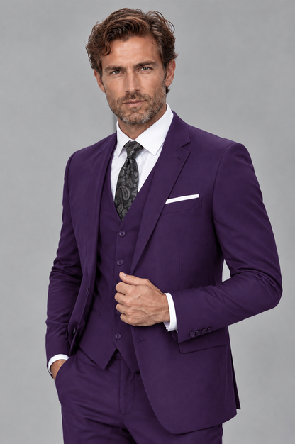 Savile Men's Dark Purple 3-Piece Suit Set – Notch Lapel Blazer, Vest & Trousers - Dark Purple - Dark_Purple_3