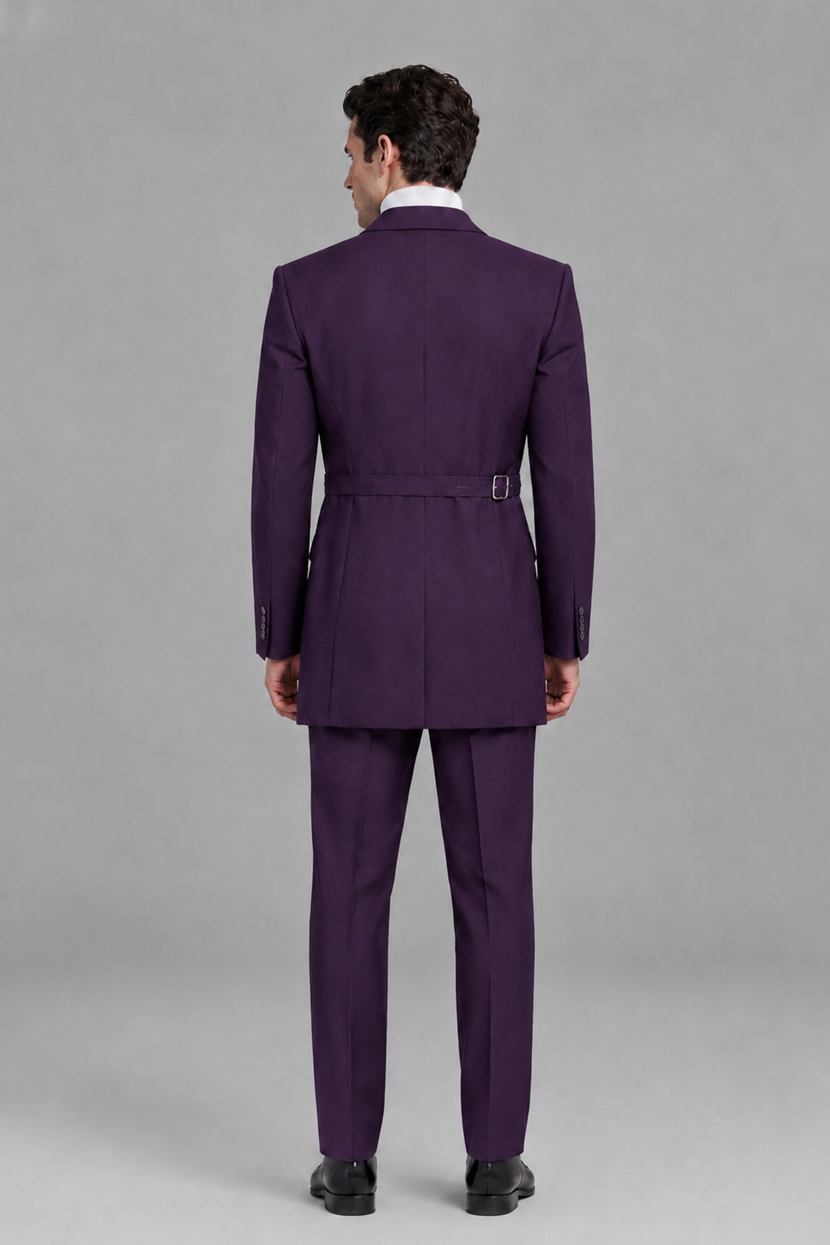Savile Men's Dark Purple Double Buckle Wrap Belted 2-Piece Suit Set – Peak Lapel Slim-Fit Jacket & Trousers - Dark Purple - Dark Purple_3
