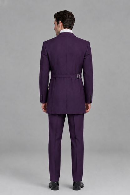 Savile Men's Dark Purple Double Buckle Wrap Belted 2-Piece Suit Set – Peak Lapel Slim-Fit Jacket & Trousers - Dark Purple - Dark Purple_3
