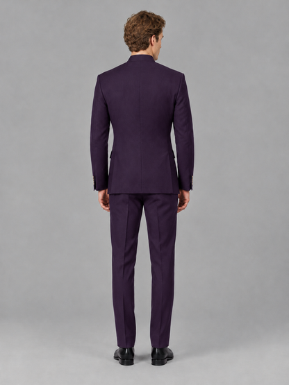 Savile Men's Dark Purple Mandarin Collar Asymmetrical 2-Piece Suit Set – Modern Jacket & Trousers - Dark Purple - Dark Purple_3