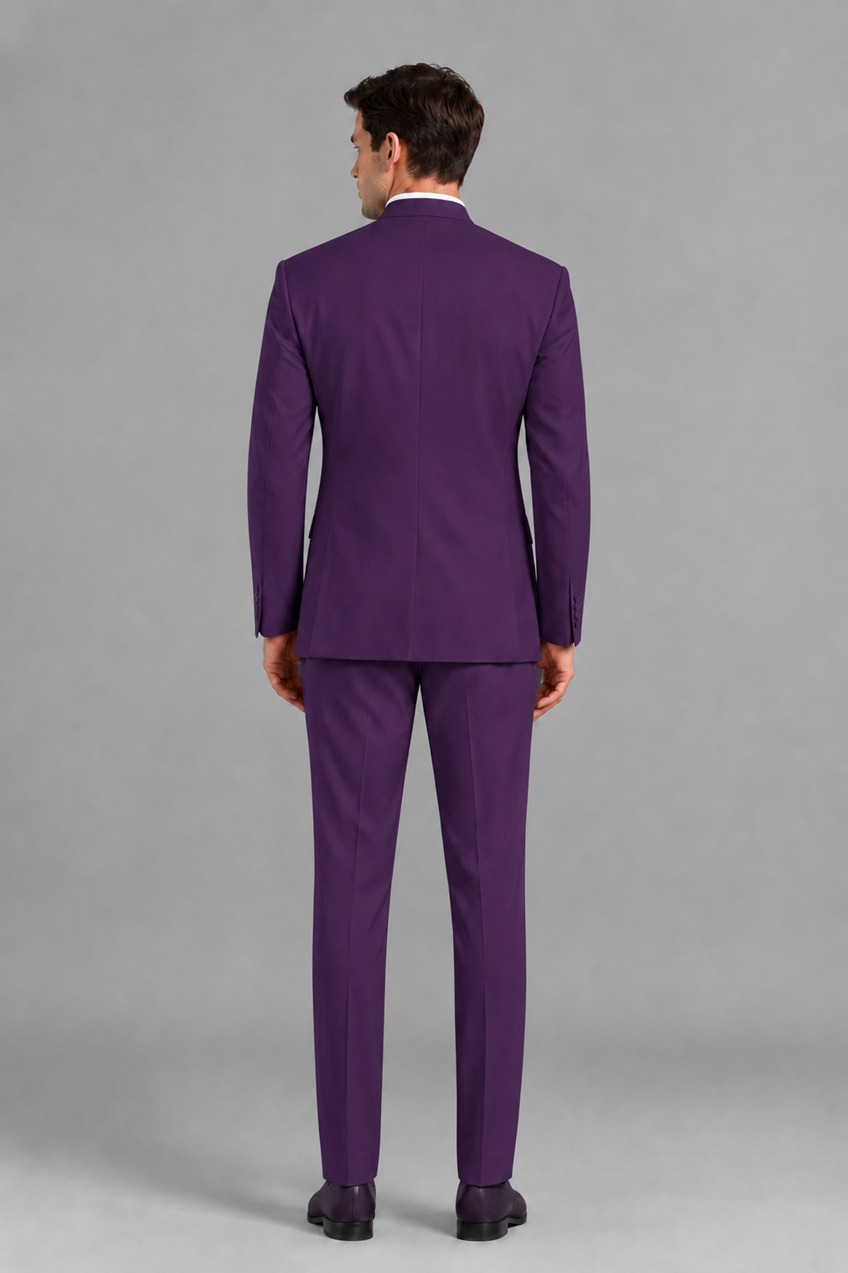 Savile Men's Dark Purple Asymmetrical Mandarin Collar Tuxedo Suit – Modern 2-Piece Gold Button Wedding, Prom & Gala Set - Dark Purple - Dark Purple_3