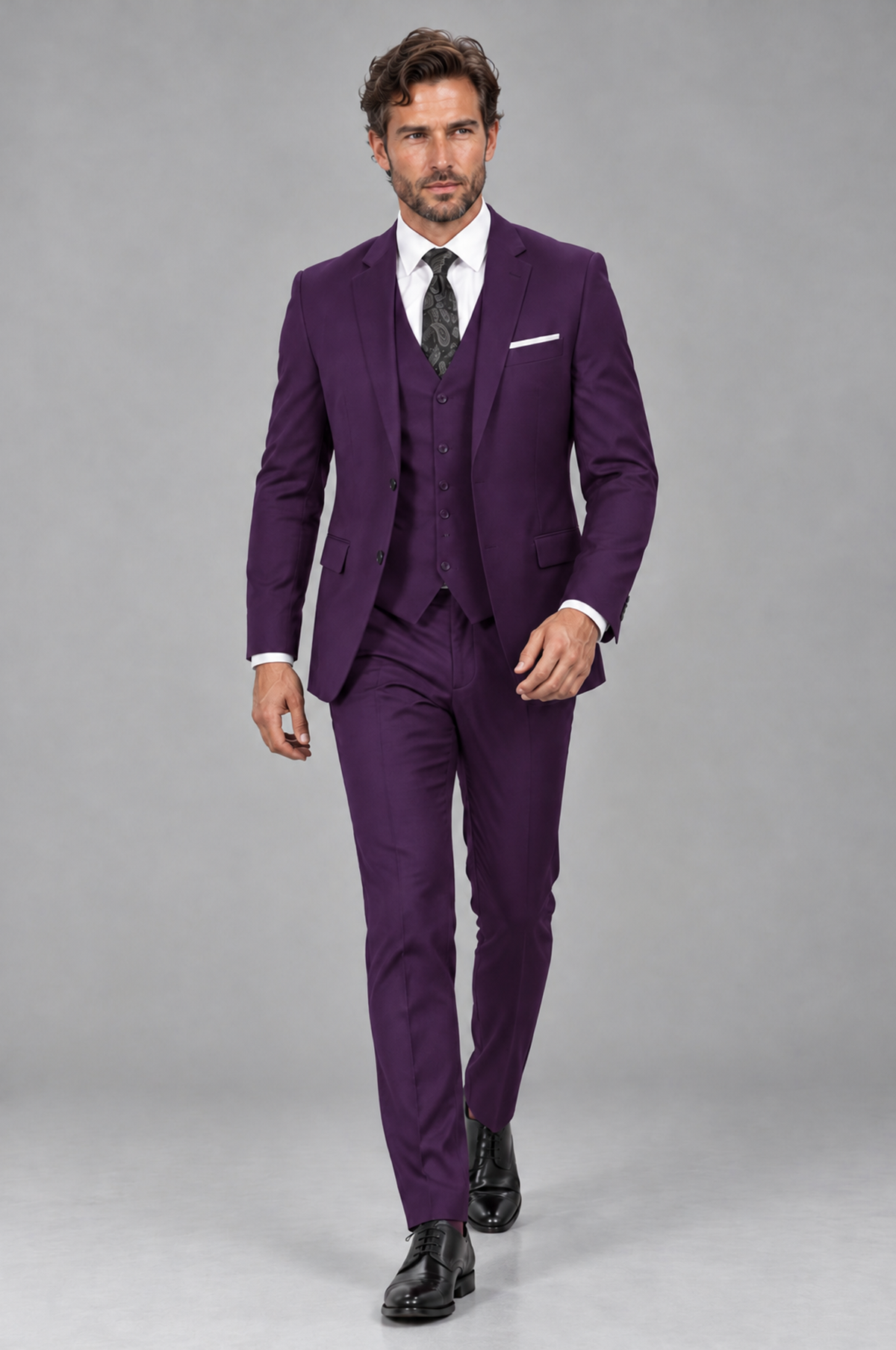 Savile Men's Dark Purple 3-Piece Suit Set – Notch Lapel Blazer, Vest & Trousers - Dark Purple - Dark_Purple_4