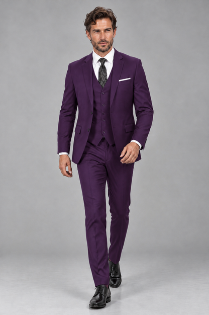 Savile Men's Dark Purple 3-Piece Suit Set – Notch Lapel Blazer, Vest & Trousers - Dark Purple - Dark_Purple_4