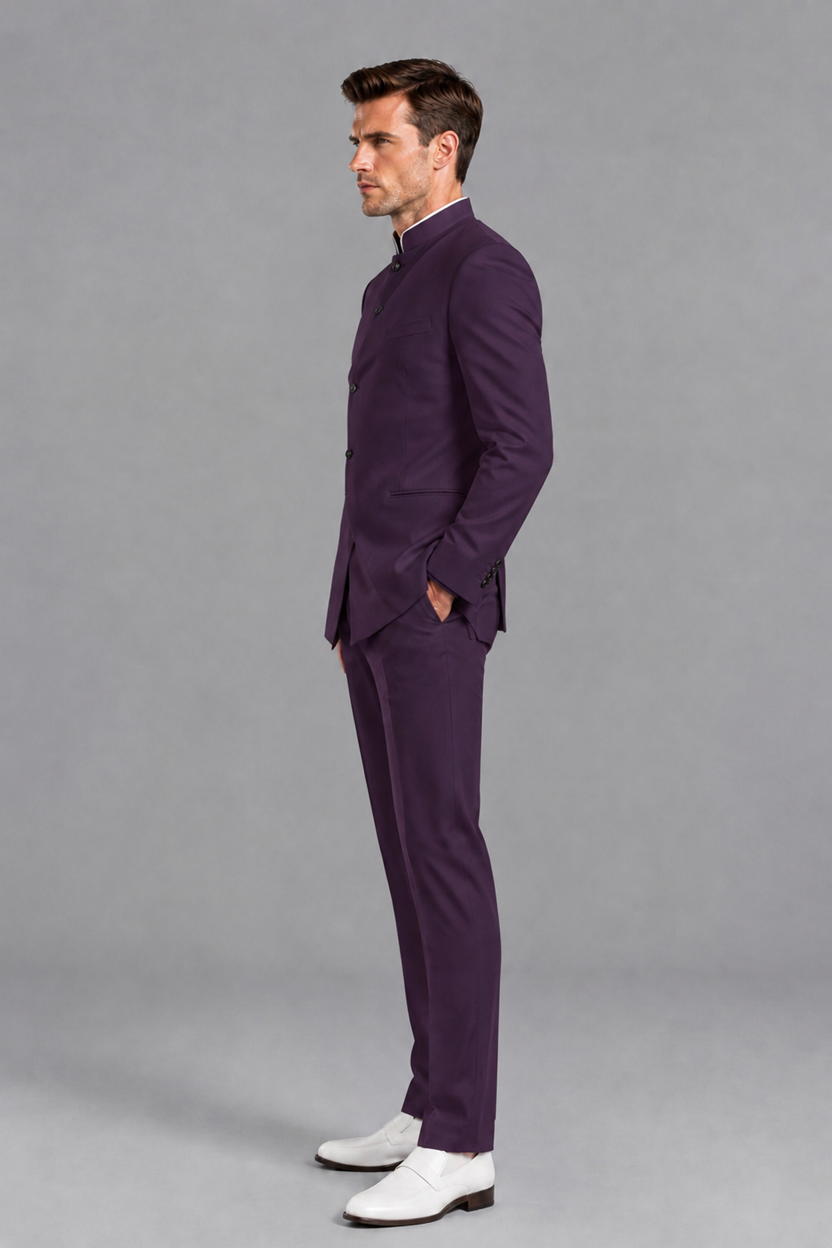 Savile Men's Dark Purple Asymmetrical Mandarin Collar Tuxedo Suit – Modern 2-Piece Gold Button Wedding, Prom & Gala Set - Dark Purple - Dark Purple_4