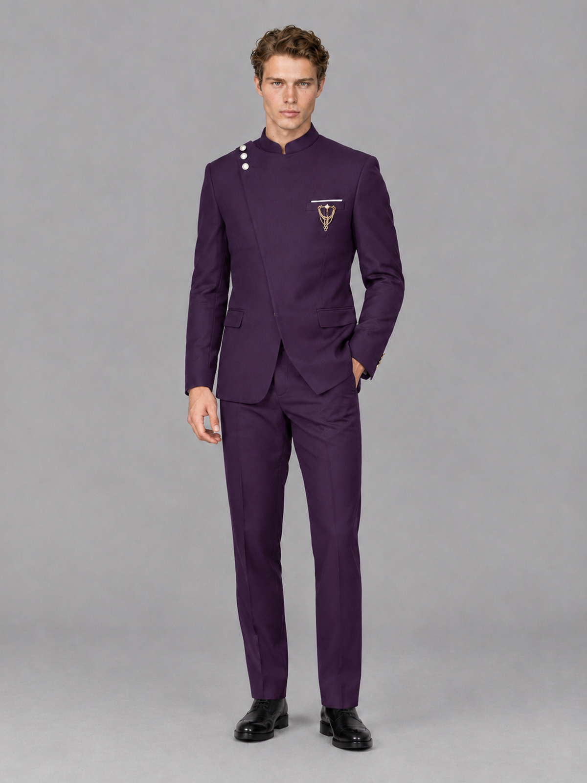 Savile Men's Dark Purple Mandarin Collar Asymmetrical 2-Piece Suit Set – Modern Jacket & Trousers - Dark Purple - Dark Purple_4