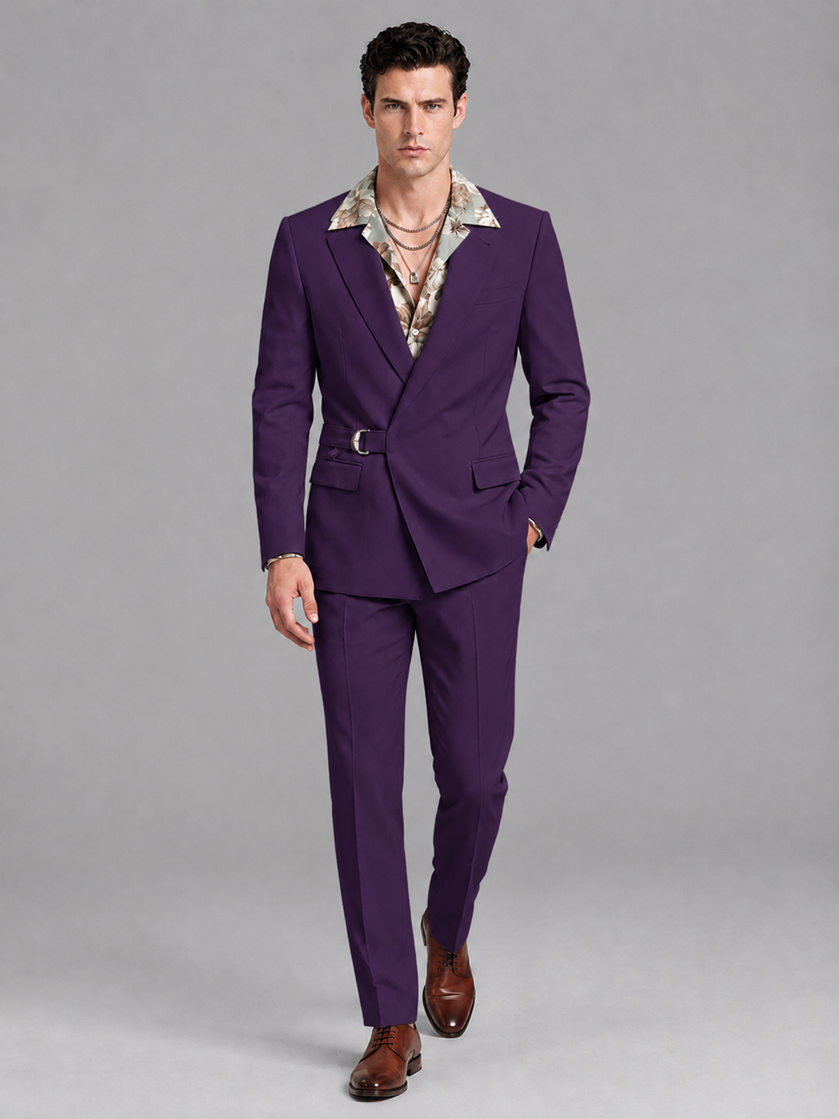 Savile Men's Dark Purple Belted Wrap 2-Piece Suit – Peak Lapel Blazer & Tailored Trousers - SUC060 - Dark Purple - Dark Purple_4