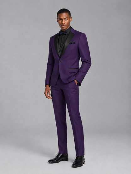 Savile Men's Dark Purple Contrast Shawl Lapel Tuxedo Suit – 3-Piece Wedding, Prom & Black-Tie Formal Set - Dark Purple - Dark Purple_4