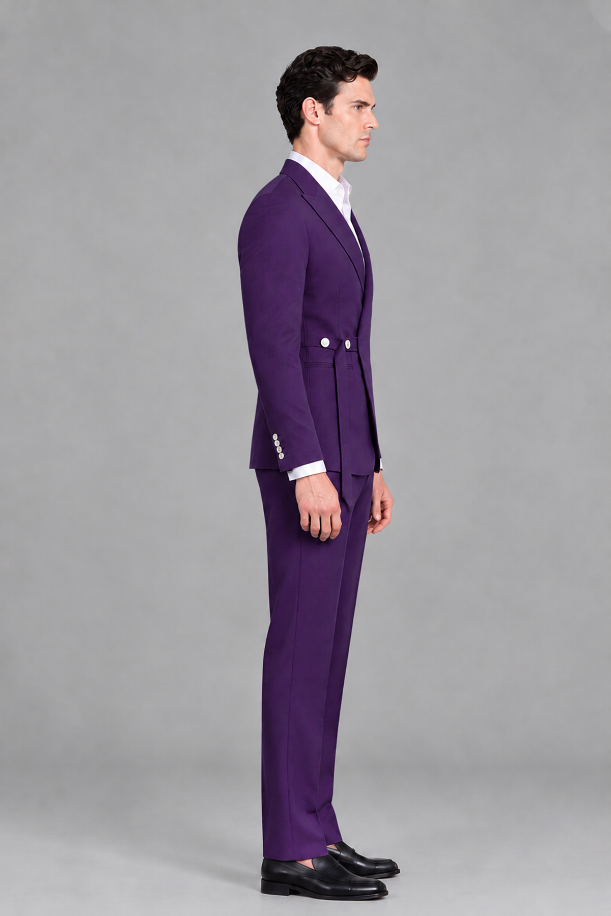 Savile Men's Modern Dark Purple 2-Piece Wrap Suit Set – Peak Lapel Side-Button Blazer & Tailored Trousers - Dark Purple - Dark_Purple_4