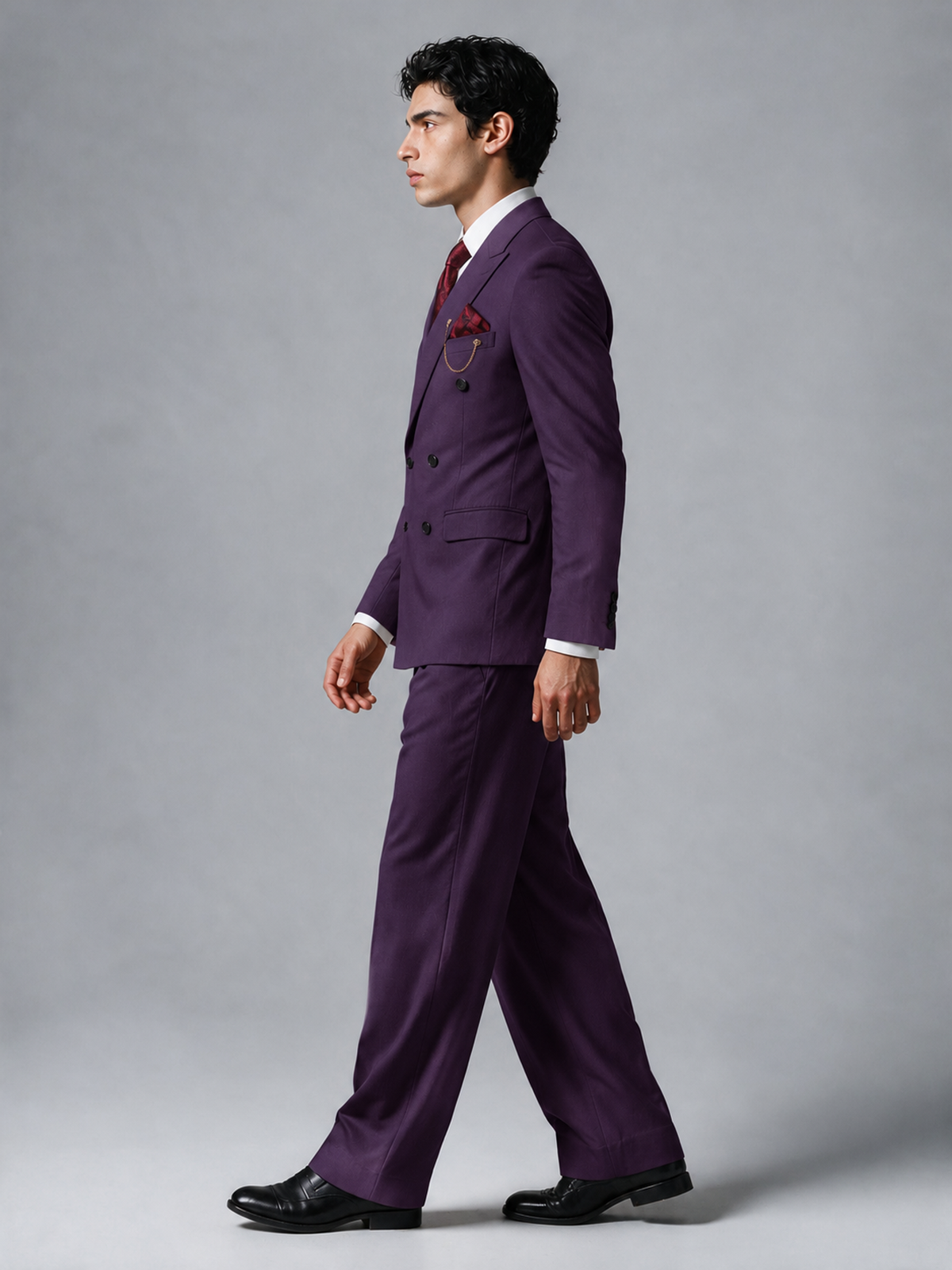 Savile Men's Dark Purple Double-Breasted 2-Piece Suit Set – Peak Lapel Blazer & Pleated Wide-Leg Trousers - Dark Purple - Dark Purple_4