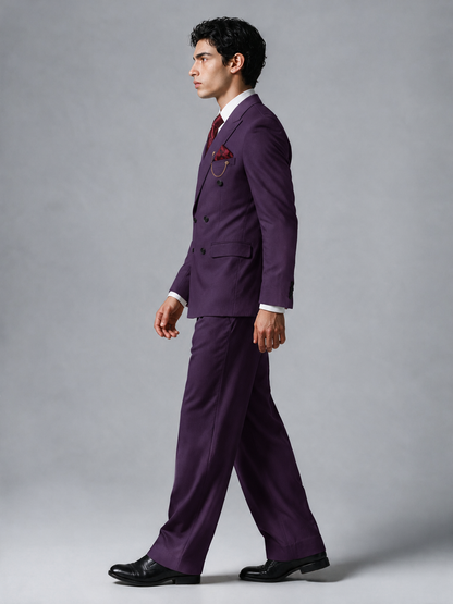 Savile Men's Dark Purple Double-Breasted 2-Piece Suit Set – Peak Lapel Blazer & Pleated Wide-Leg Trousers - Dark Purple - Dark Purple_4