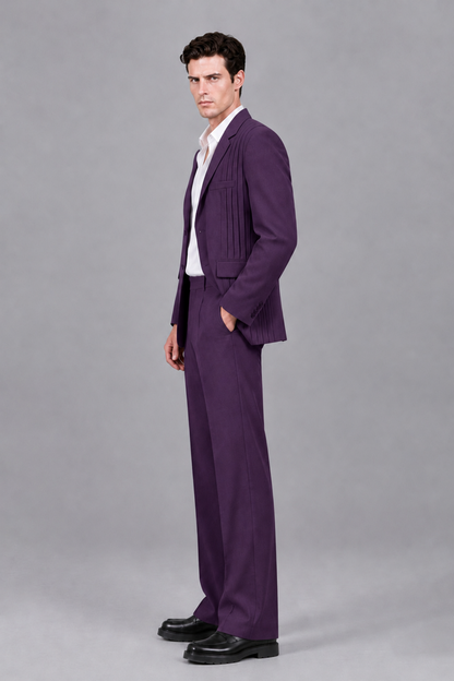Savile Men's Dark Purple Pleated 2-Piece Suit Set | Notch Lapel Blazer & Tailored Trousers - Dark Purple - Dark Purple_4