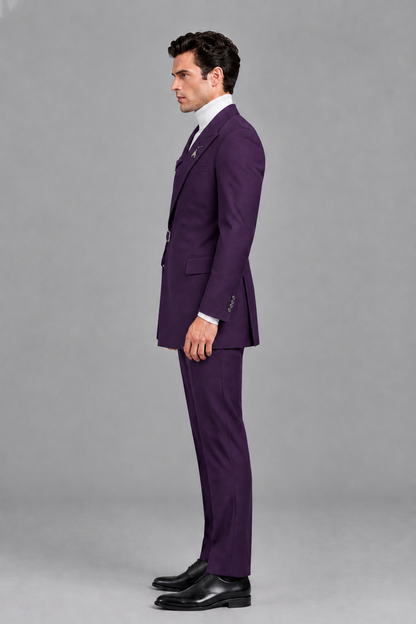 Savile Men's Dark Purple Double Buckle Wrap Belted 2-Piece Suit Set – Peak Lapel Slim-Fit Jacket & Trousers - Dark Purple - Dark Purple_4