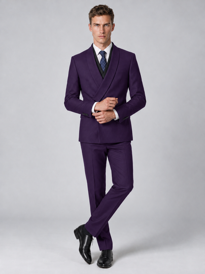 Savile Men's Dark Purple Wrap Shawl Lapel 2-Piece Suit Set – Modern Jacket & Trousers - Dark Purple - Dark Purple_4