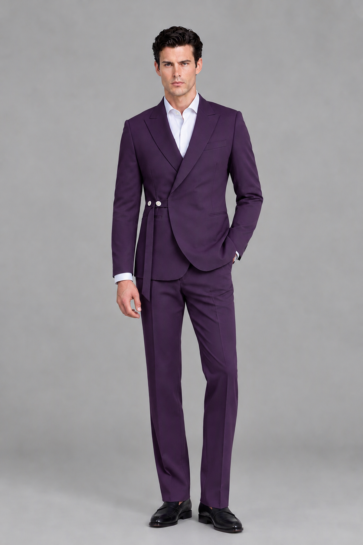 Savile Men's Modern Dark Purple 2-Piece Wrap Suit Set – Peak Lapel Side-Button Blazer & Tailored Trousers - Dark Purple - Dark_Purple_5