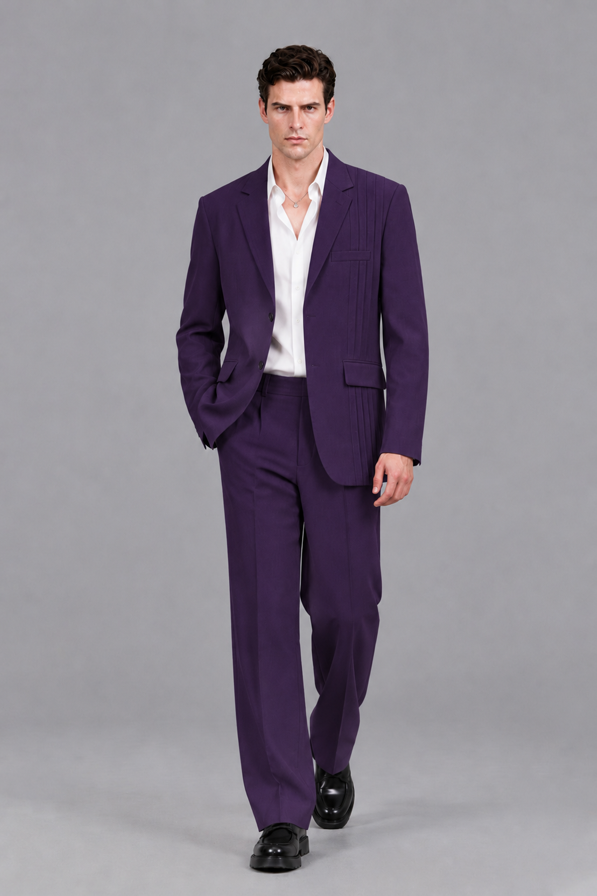 Savile Men's Dark Purple Pleated 2-Piece Suit Set | Notch Lapel Blazer & Tailored Trousers - Dark Purple - Dark Purple_5