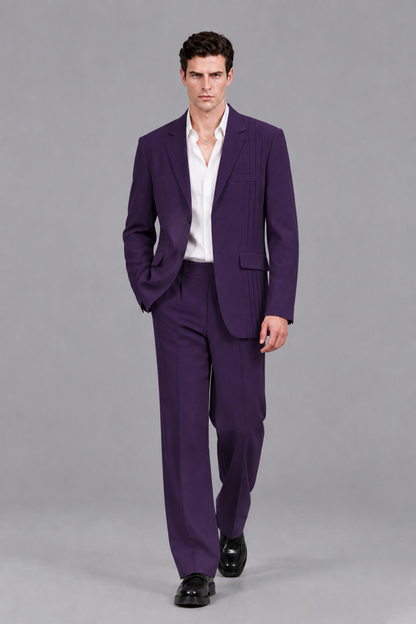 Savile Men's Dark Purple Pleated 2-Piece Suit Set | Notch Lapel Blazer & Tailored Trousers - Dark Purple - Dark Purple_5