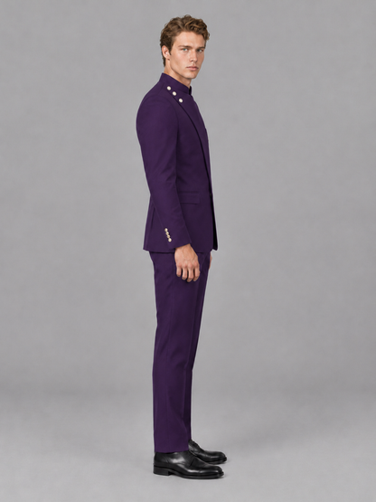 Savile Men's Dark Purple Mandarin Collar Asymmetrical 2-Piece Suit Set – Modern Jacket & Trousers - Dark Purple - Dark Purple_5
