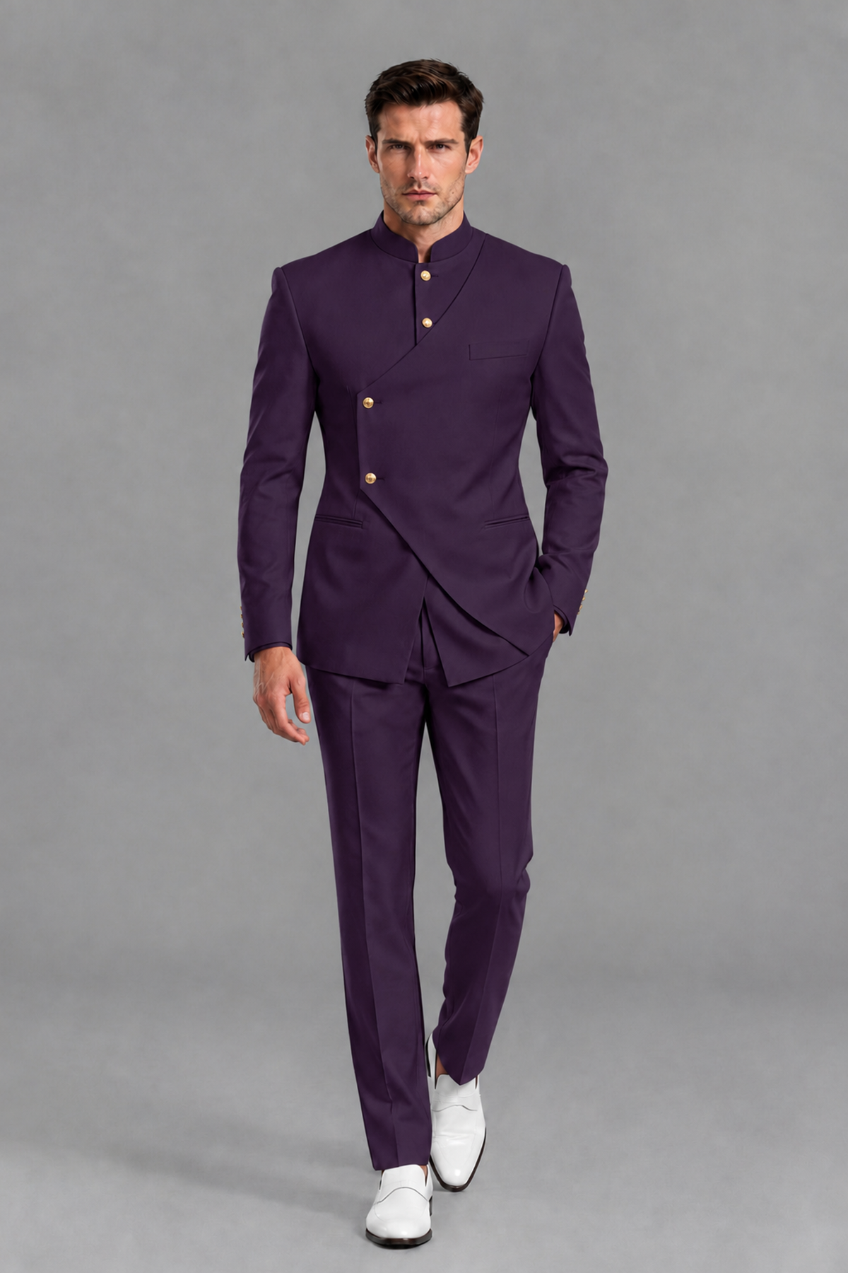 Savile Men's Dark Purple Asymmetrical Mandarin Collar Tuxedo Suit – Modern 2-Piece Gold Button Wedding, Prom & Gala Set - Dark Purple - Dark Purple_5