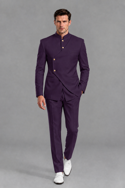 Savile Men's Dark Purple Asymmetrical Mandarin Collar Tuxedo Suit – Modern 2-Piece Gold Button Wedding, Prom & Gala Set - Dark Purple - Dark Purple_5