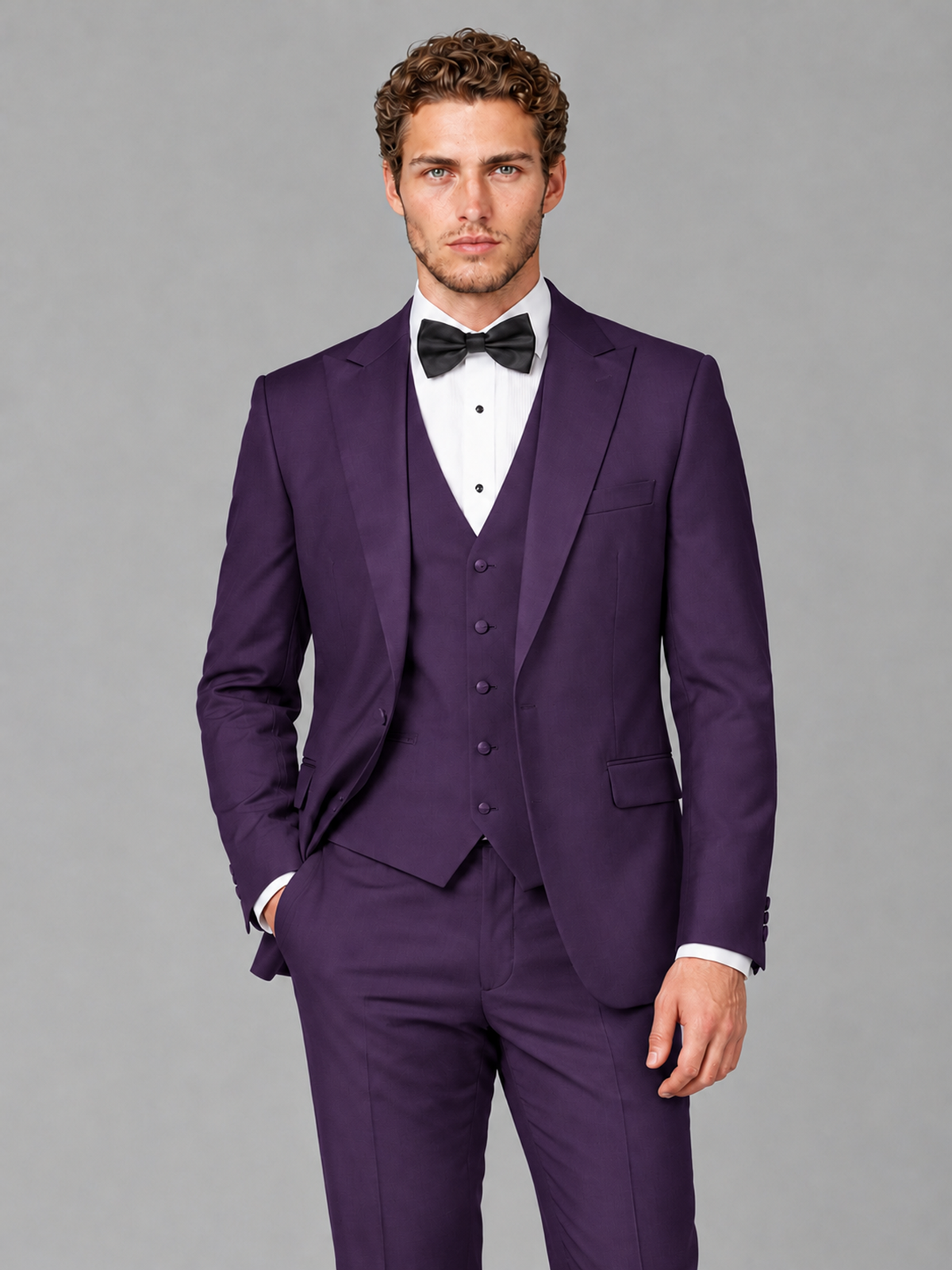 Savile Men's Dark Purple Peak Lapel 3-Piece Tuxedo Suit | Jacket, Vest & Trousers - Dark Purple