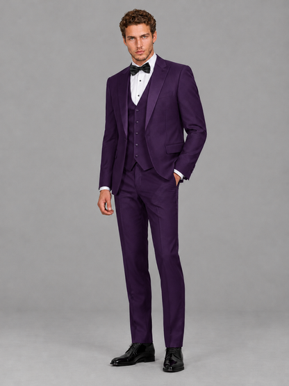 Savile Men's Dark Purple Peak Lapel 3-Piece Tuxedo Suit | Jacket, Vest & Trousers - Dark Purple