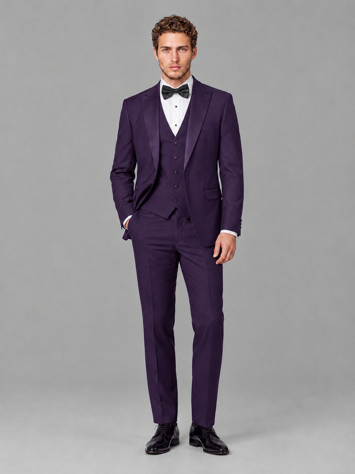 Savile Men's Dark Purple Peak Lapel 3-Piece Tuxedo Suit | Jacket, Vest & Trousers - Dark Purple