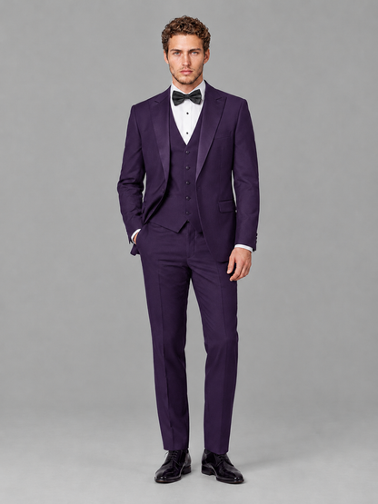 Savile Men's Dark Purple Peak Lapel 3-Piece Tuxedo Suit | Jacket, Vest & Trousers - Dark Purple