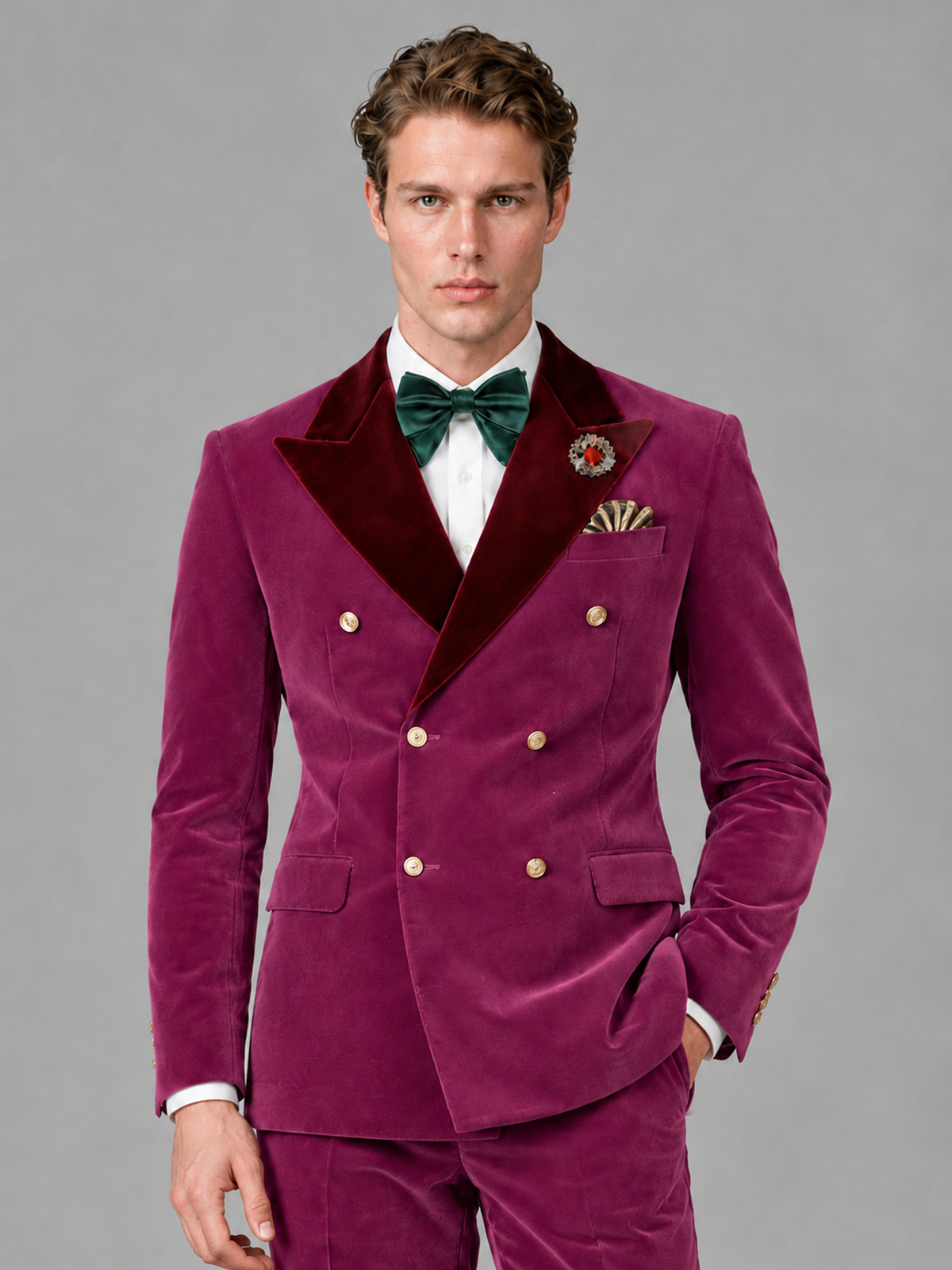 Savile Men's Desert Rose Velvet Double-Breasted 2-Piece Tuxedo Suit with Burgundy Peak Lapel - Desert_Rose