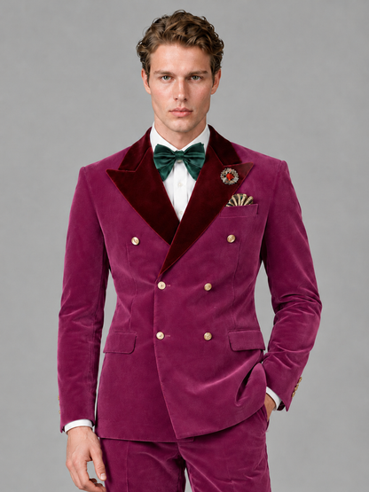 Savile Men's Desert Rose Velvet Double-Breasted 2-Piece Tuxedo Suit with Burgundy Peak Lapel - Desert_Rose
