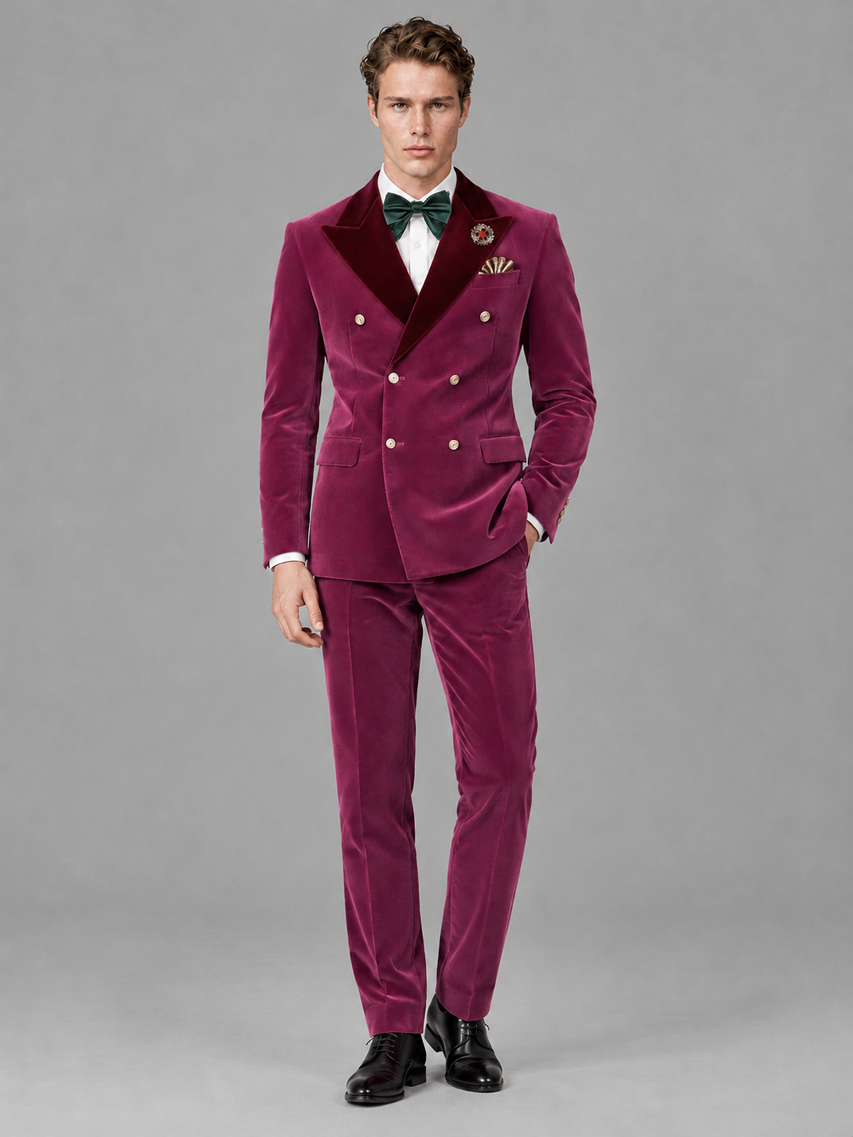 Savile Men's Desert Rose Velvet Double-Breasted 2-Piece Tuxedo Suit with Burgundy Peak Lapel - Desert_Rose