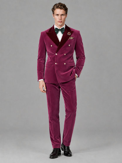 Savile Men's Desert Rose Velvet Double-Breasted 2-Piece Tuxedo Suit with Burgundy Peak Lapel - Desert_Rose