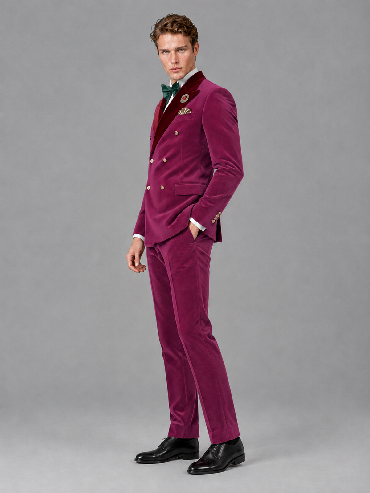 Savile Men's Desert Rose Velvet Double-Breasted 2-Piece Tuxedo Suit with Burgundy Peak Lapel - Desert_Rose