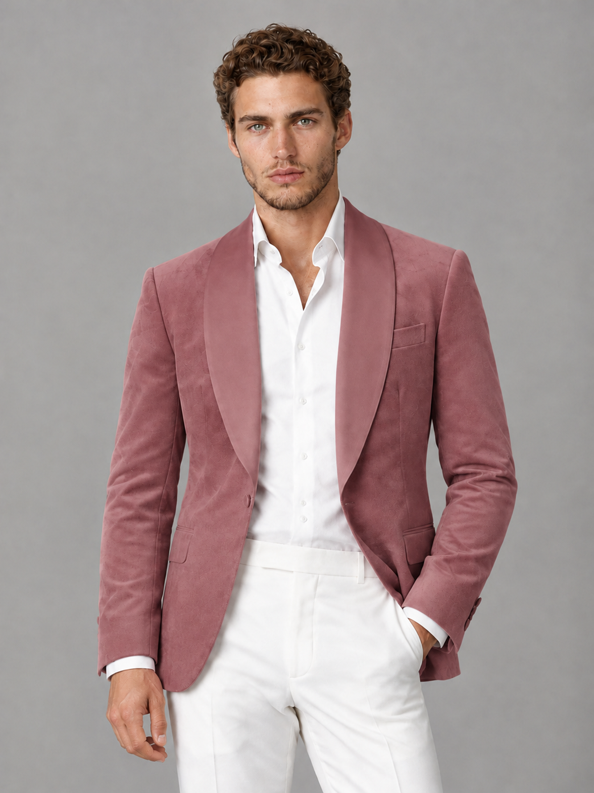 Savile Men's Desert Rose Velvet Shawl Lapel 2-Piece Tuxedo Suit Set | Jacket & White Trousers - Desert Rose - Desert Rose (1)