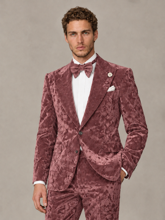 Savile Men's Desert Rose Crushed Velvet Peak Lapel 2-Piece Suit Set | Jacket & Trousers - Desert Rose - Desert Rose (1)