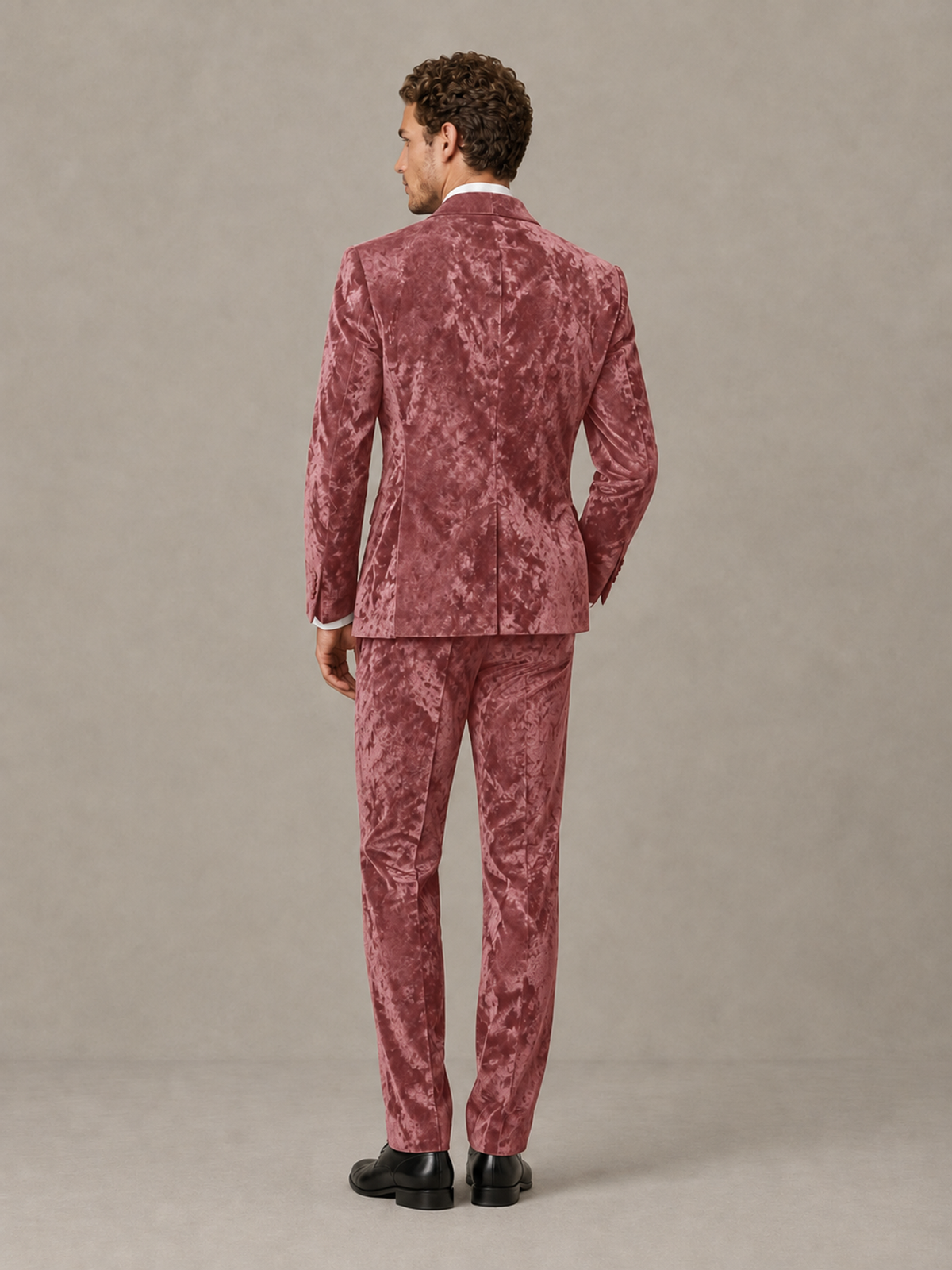 Savile Men's Desert Rose Crushed Velvet Peak Lapel 2-Piece Suit Set | Jacket & Trousers - Desert Rose - Desert Rose (2)