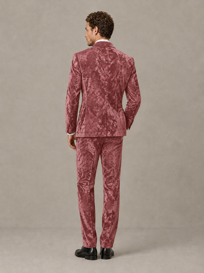 Savile Men's Desert Rose Crushed Velvet Peak Lapel 2-Piece Suit Set | Jacket & Trousers - Desert Rose - Desert Rose (2)