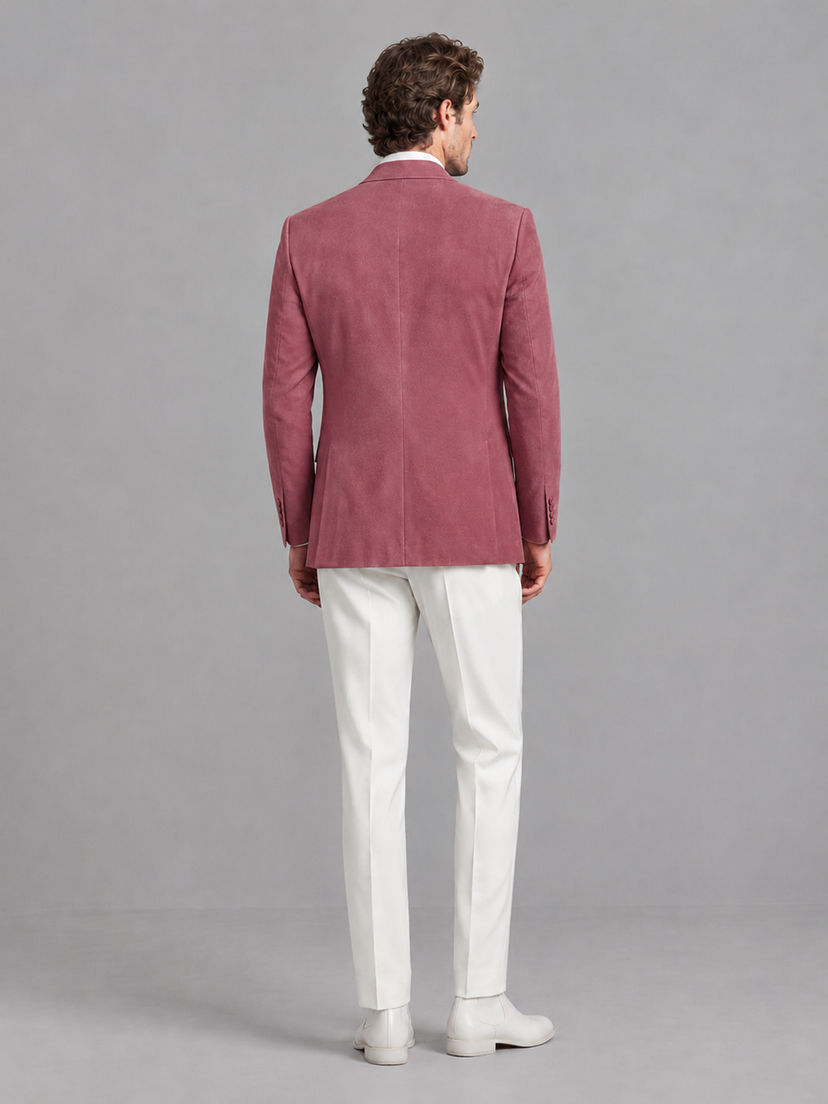 Savile Men's Desert Rose Velvet Shawl Lapel 2-Piece Tuxedo Suit Set | Jacket & White Trousers - Desert Rose - Desert Rose (2)
