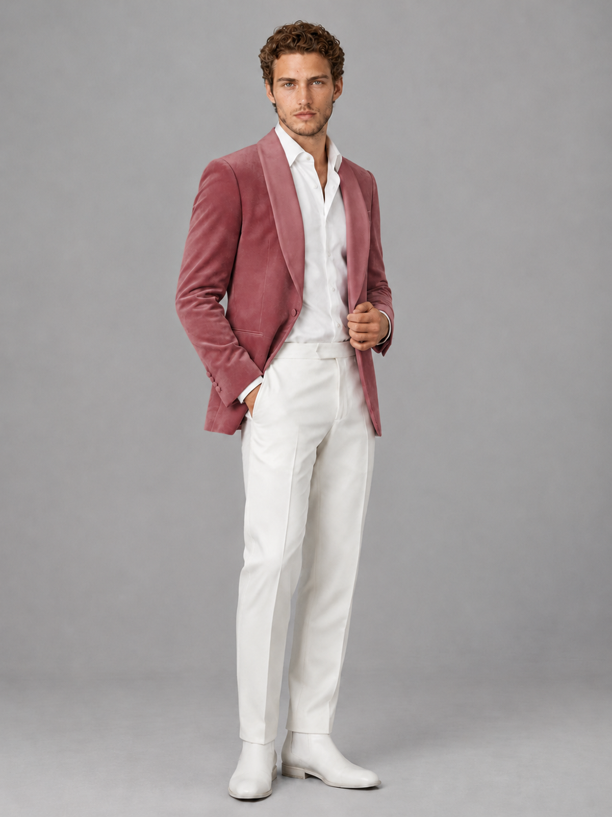 Savile Men's Desert Rose Velvet Shawl Lapel 2-Piece Tuxedo Suit Set | Jacket & White Trousers - Desert Rose - Desert Rose (3)