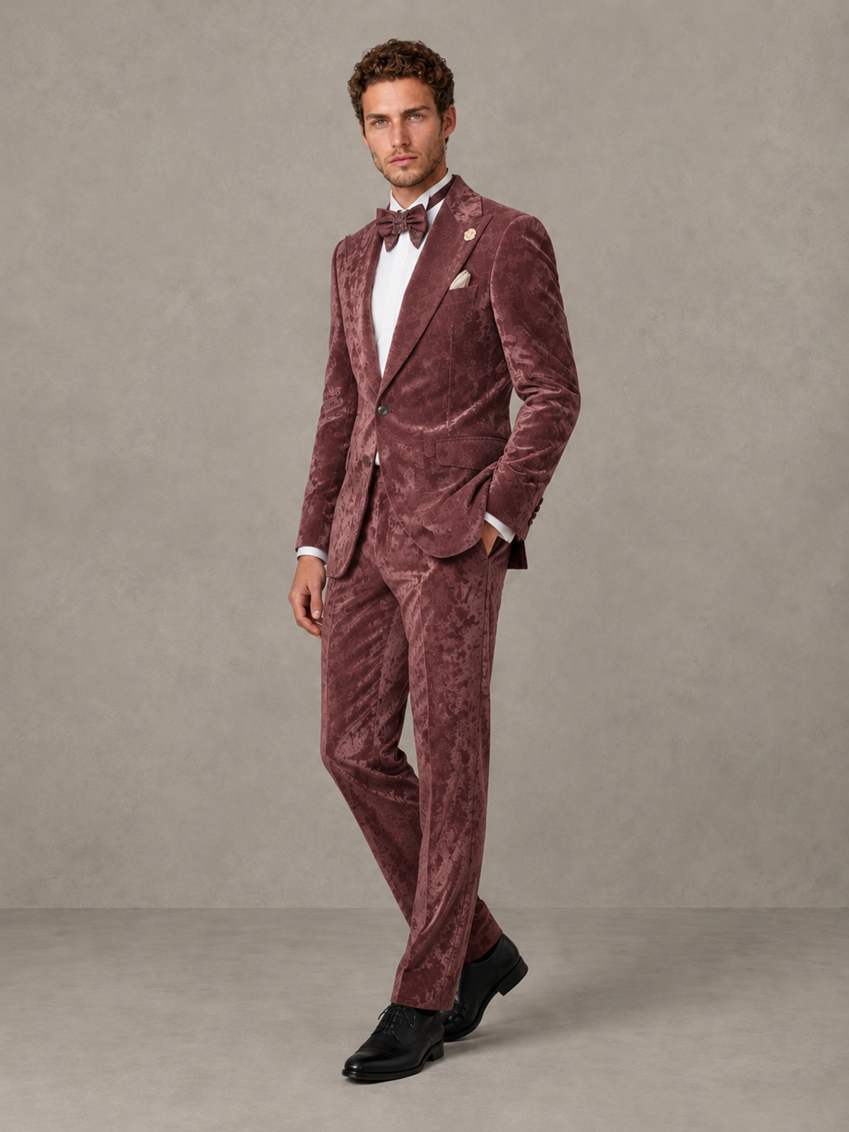 Savile Men's Desert Rose Crushed Velvet Peak Lapel 2-Piece Suit Set | Jacket & Trousers - Desert Rose - Desert Rose (3)