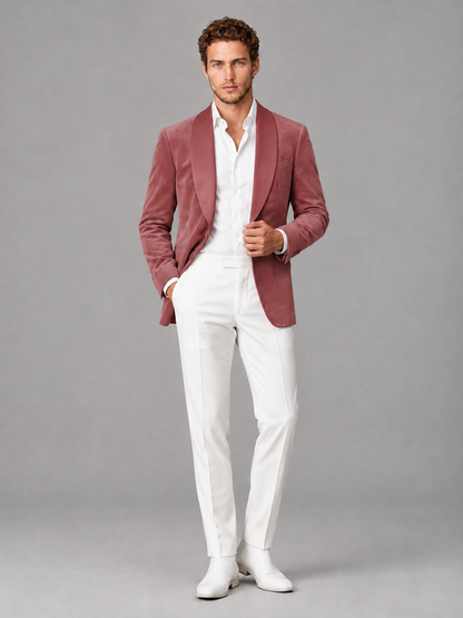 Savile Men's Desert Rose Velvet Shawl Lapel 2-Piece Tuxedo Suit Set | Jacket & White Trousers - Desert Rose - Desert Rose (4)