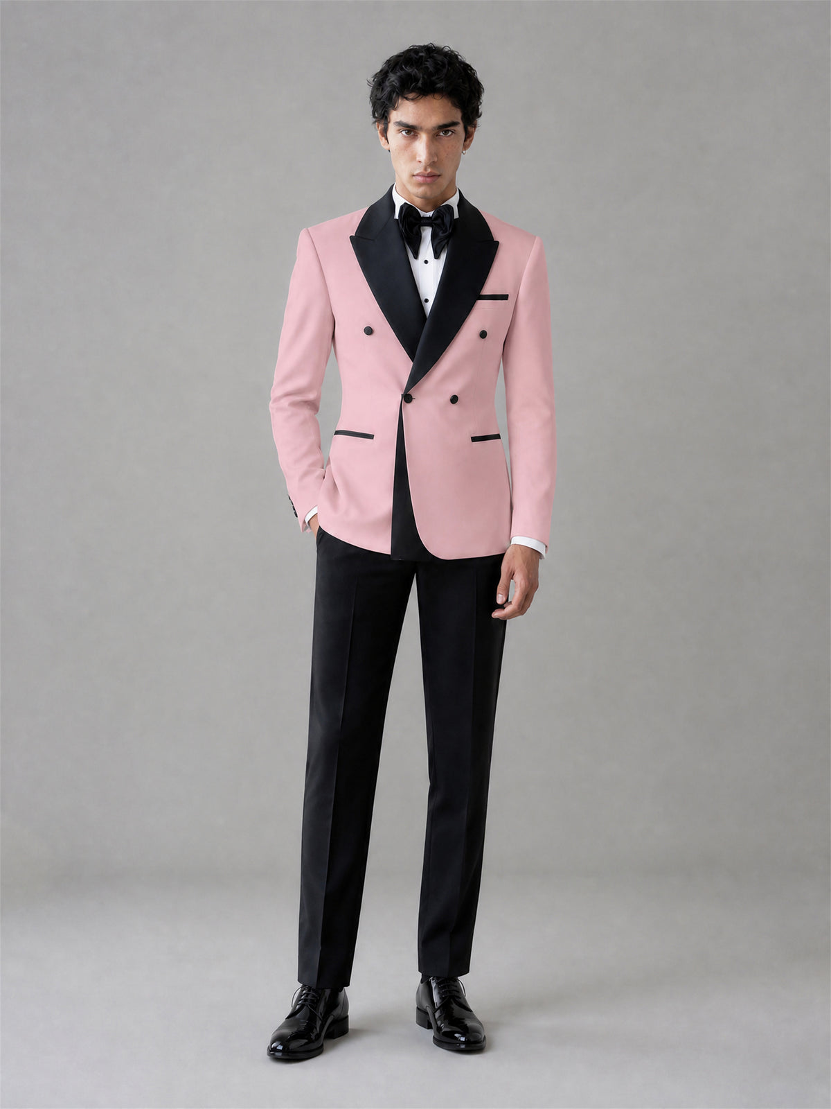Men's Pink Double-Breasted Black Satin Shawl Lapel Tuxedo Suit Set | Blazer & Trousers