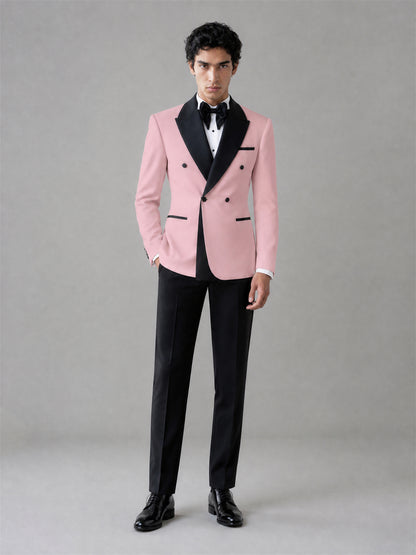 Men's Pink Double-Breasted Black Satin Shawl Lapel Tuxedo Suit Set | Blazer & Trousers
