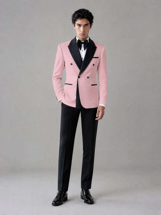 Men's Pink Double-Breasted Black Satin Shawl Lapel Tuxedo Suit Set | Blazer & Trousers