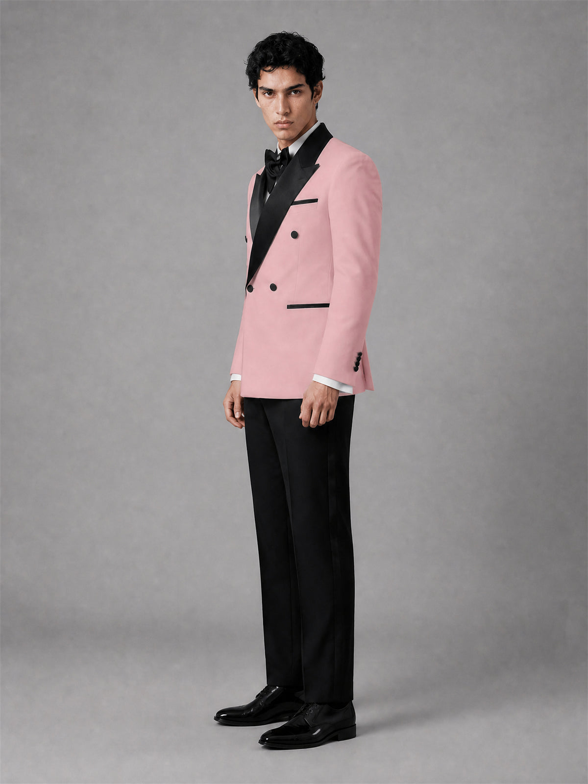 Men's Pink Double-Breasted Black Satin Shawl Lapel Tuxedo Suit Set | Blazer & Trousers